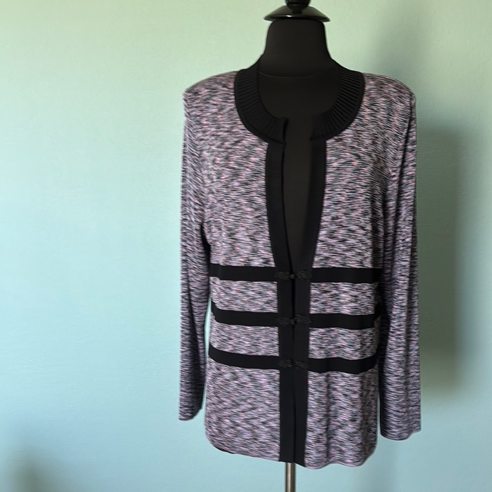 Misook Black and Purple Cardigan Sweater with Structured Design